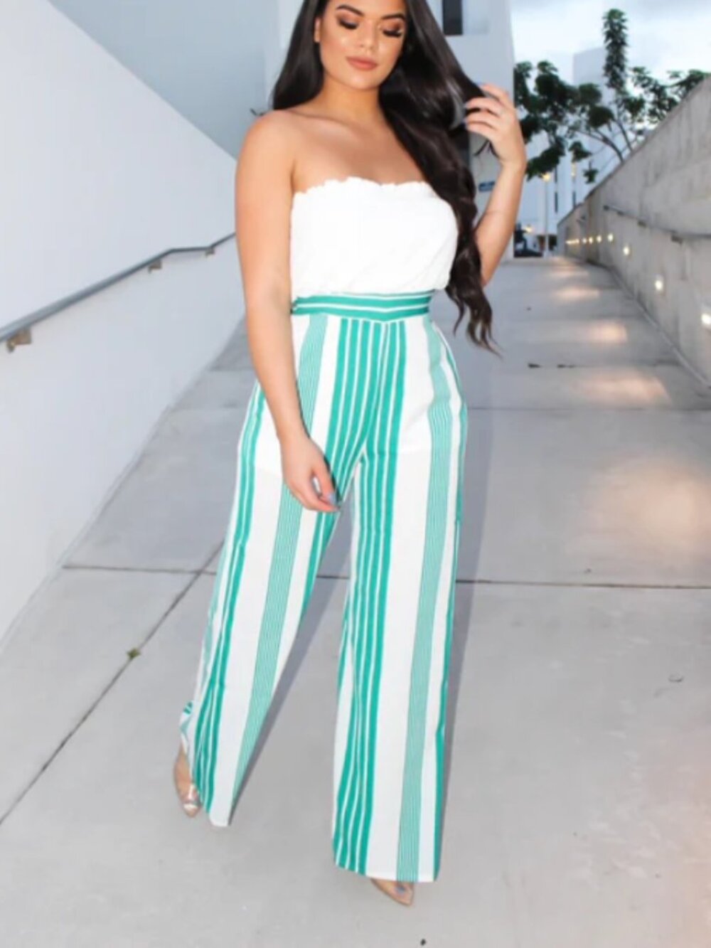 Favlux Women's‎ Striped Green and White Strapless Jumpsuit Size Large